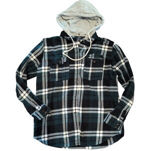 FOREVER 21 Black Green White Plaid Flannel Button Down Shirt With Hood